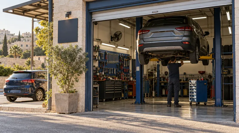 חזית של מוסך שכונתי עם דלת גלילה פתוחה, רכב על מעלית ומכונאי בפנים
