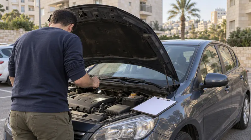 קונה בודק רכב משומש בחניה ליד בנייני אבן: מכסה המנוע פתוח ודף בדיקה מונח על הכנף