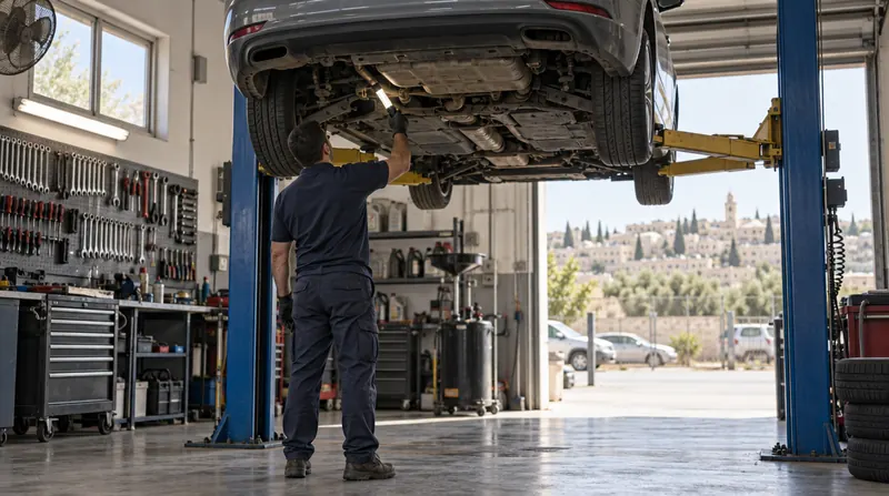 מכונאי במוסך בודק את תחתית רכב שמורם על מעלית, עם קיר כלי עבודה ברקע